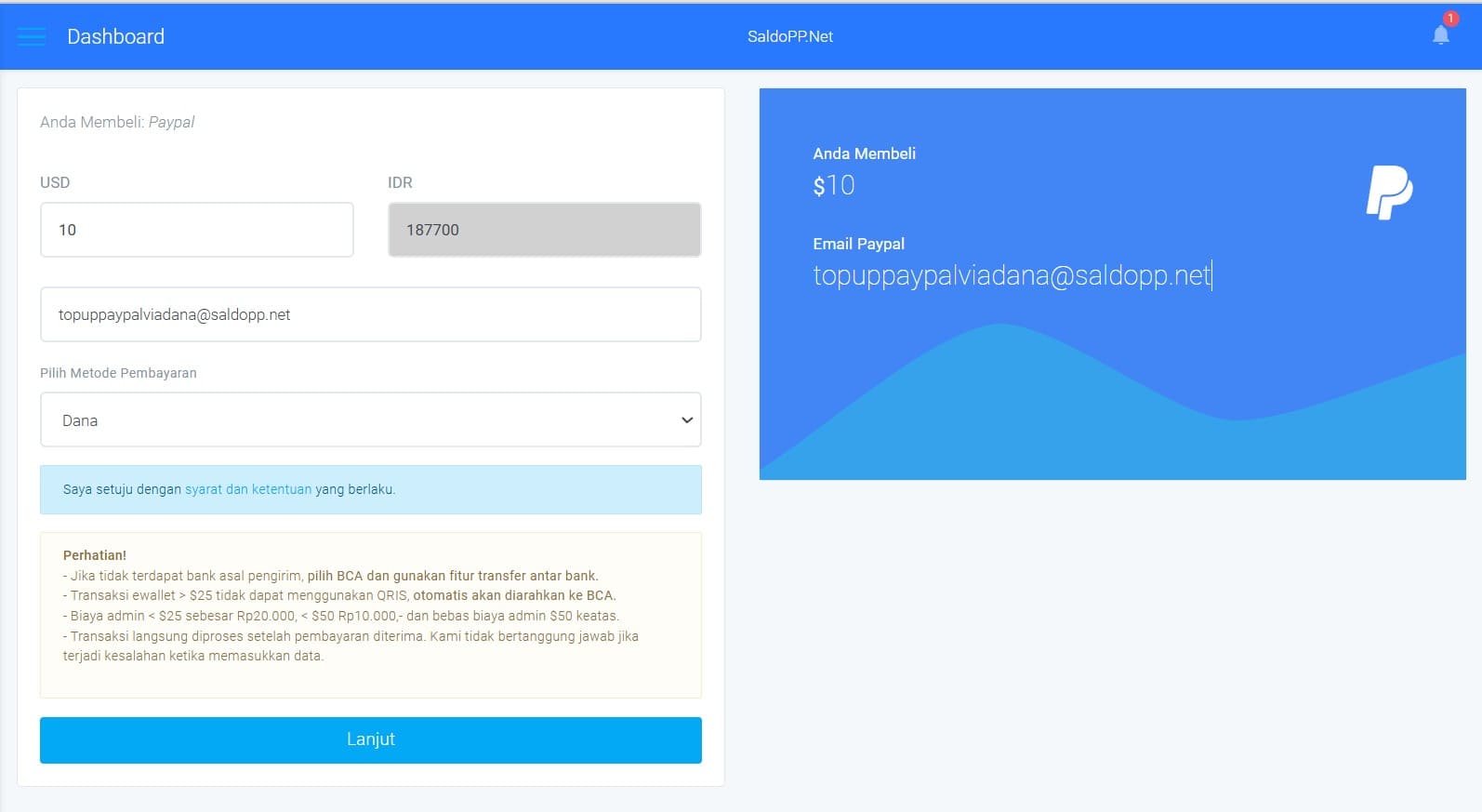 top up paypal dengan dana