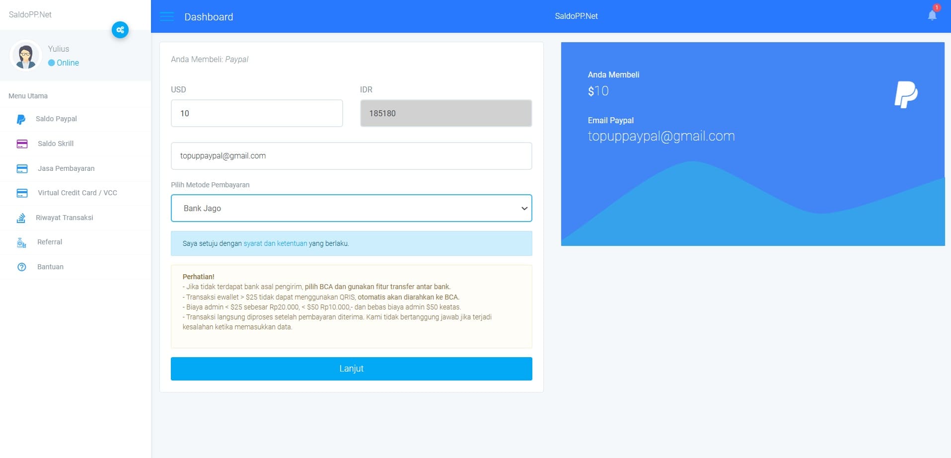 top up paypal bank jago